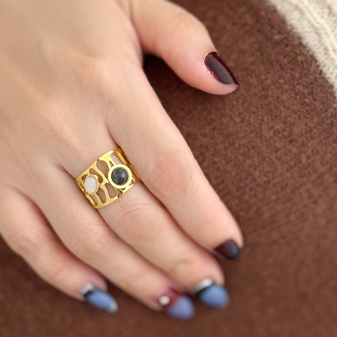 Chace Moon Stone and Spectrolite Coral Ring