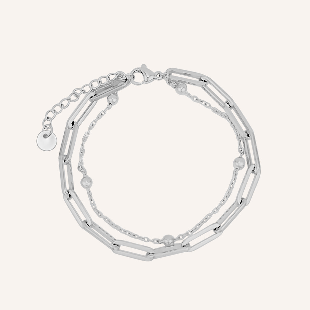 Colbie Chain Link and Ball Bead Layered Bracelet - Silver