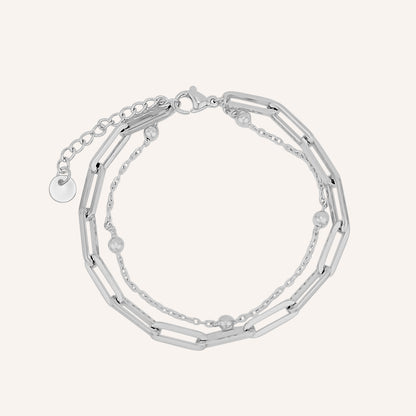 Colbie Chain Link and Ball Bead Layered Bracelet - Silver