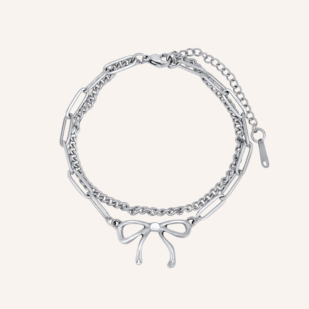 Lila Ribbon Bow Layered Chain Bracelet - Silver