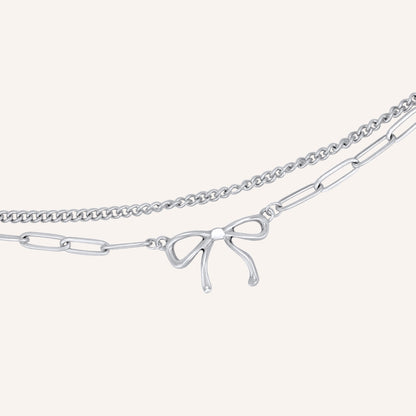 Lila Ribbon Bow Layered Chain Bracelet - Silver