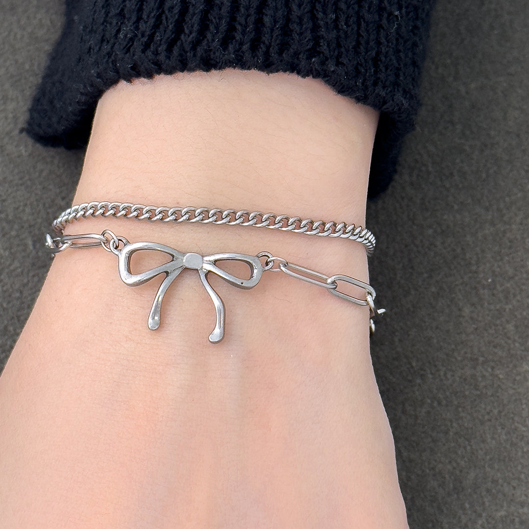 Lila Ribbon Bow Layered Chain Bracelet - Silver